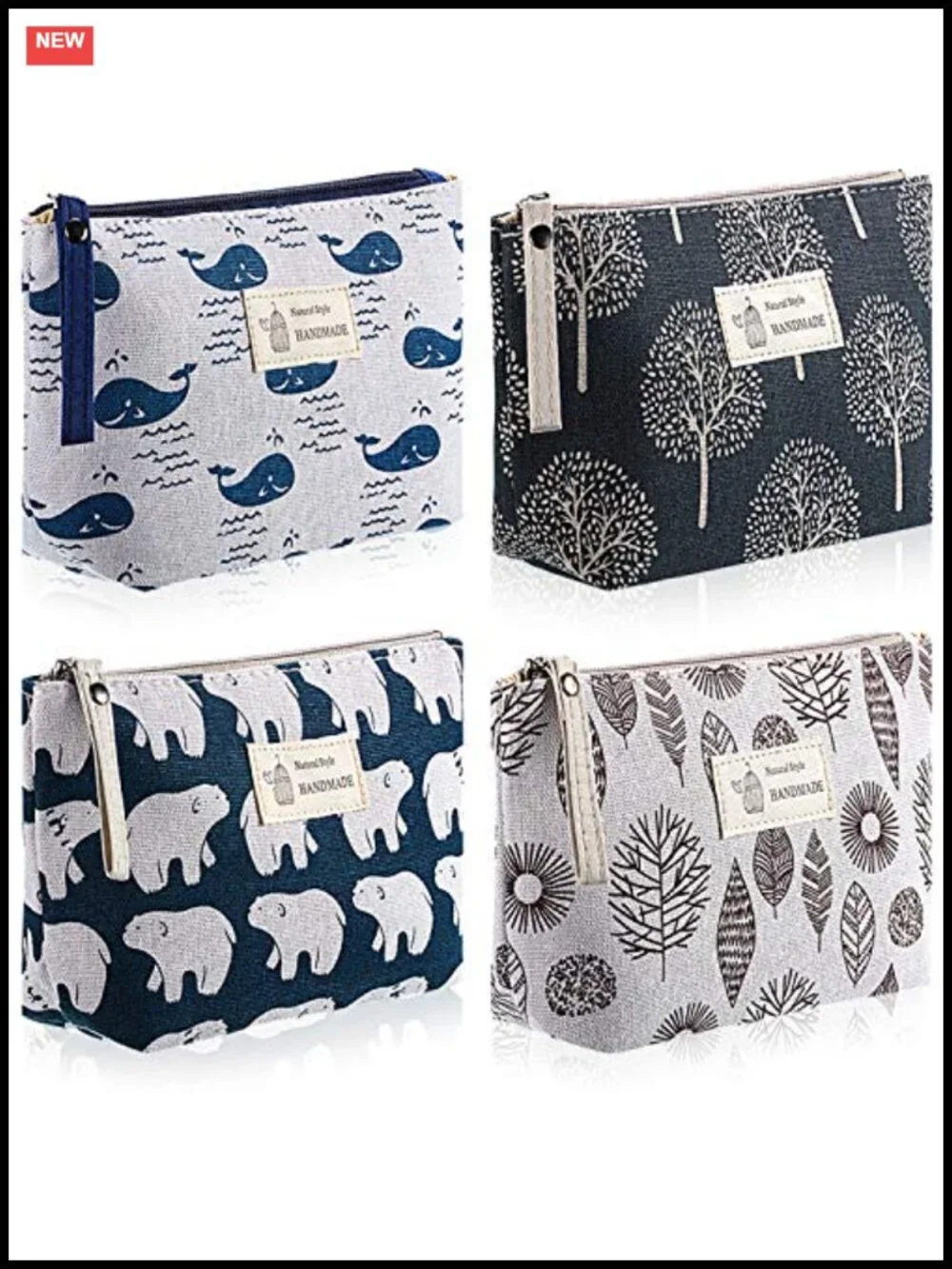 Set of 4 Canvas Makeup Bags Cosmetic Pouch with Zipper for Purse Travel